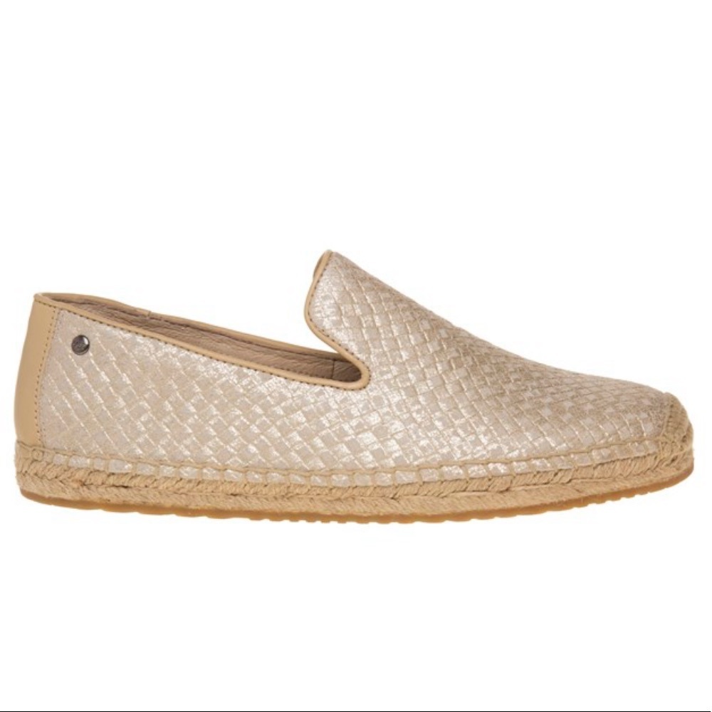 UGG SANDRINNE Espadrilles Leather Suede Metallic Woven Flats Shoes Shearling Fur